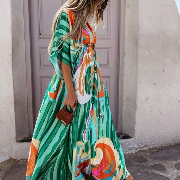 Flax Maker‎ V-neck Short Sleeve Printed Dress Green NWT IN PACKAGE - Picture 3 of 8